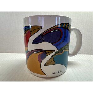 NEW - Laurel Burch Four Mynah Harlequin Birds Coffee Cup Mug Bird White Tea